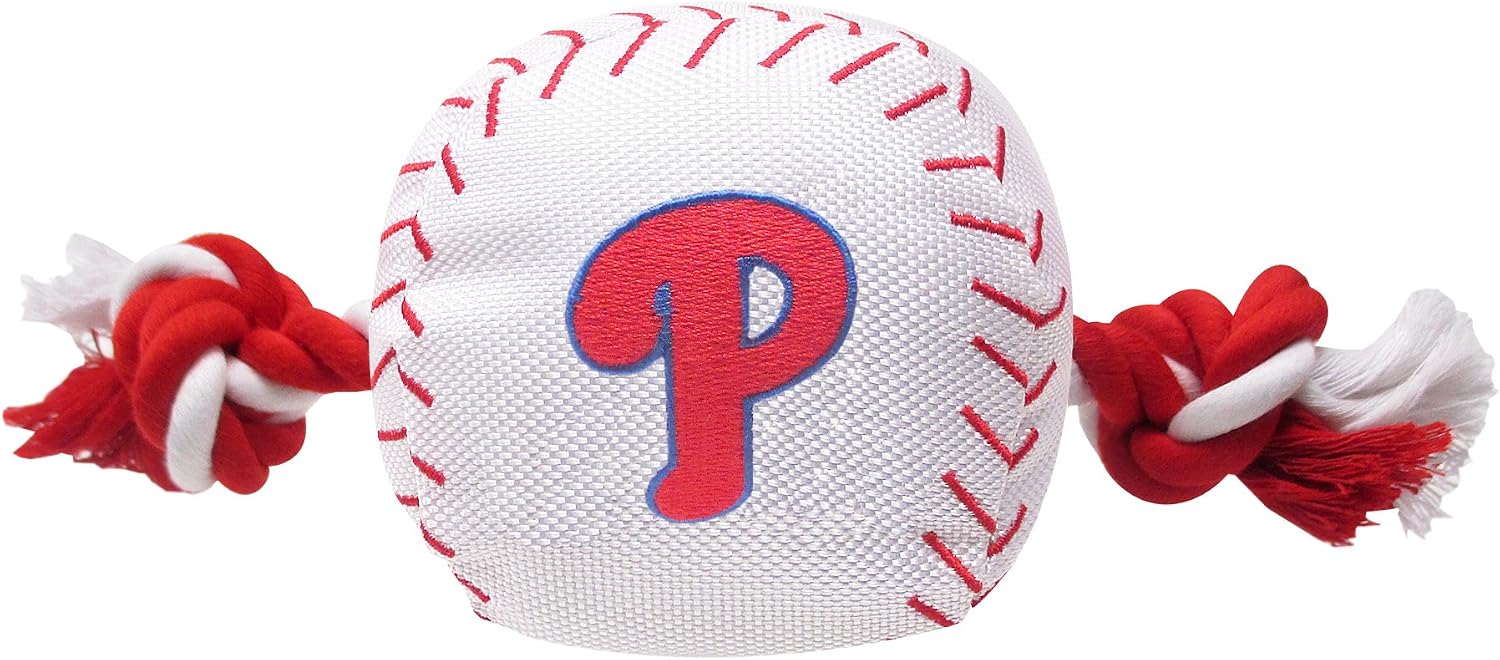 MLB PHILADELPHIA PHILLIES Baseball Rope Toy for DOGS & CATS. Tough nylon, Sporty Baseball Design, Heavy-duty ropes with Inner SQUEAKER