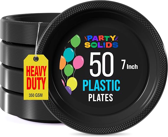 Exquisite Party Solids Black Plastic Plates For Party 7" Black Disposable Plates For Party Supplies 100 Pcs Plastic Dinnerware Sets Heavy Duty 350 GSM Disposable Dinnerware Set