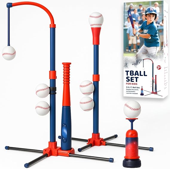 3-in-1 Baseball Set for Kids and Toddlers Ages 3-5 Includes Tee Ball Stand, Hanging Tee, Automatic Ball Launcher, and 6 Softballs Adjustable Height for Indoor/Outdoor Play Sports Gift for Boys