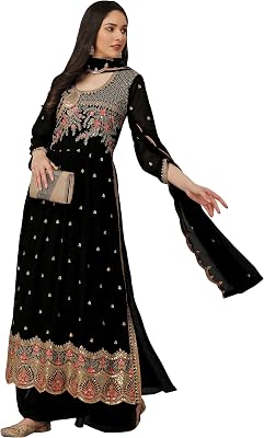 TRENDMALLS Womens Georgette Embroidery Side Slit Pleated Indian Pakistani Kurta Palazzo Suit Set