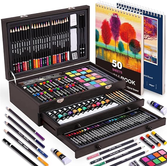 175 Piece Deluxe Art Set with 2 Drawing Pads, Crayons, Acrylic Paints, Colored Pencils Set in Wooden Case, Professional Art Kit for Adults, Artist and Teens, Paint Supplies