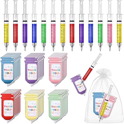 Kinlop 24 Set Doctors Day Gifts Syringe Pens Set 24 Nurse Pens 24 Thank You Greeting Cards with Bags for Residency Match Day Nurse Week Medical Assistant Party Supplies, Black Ink
