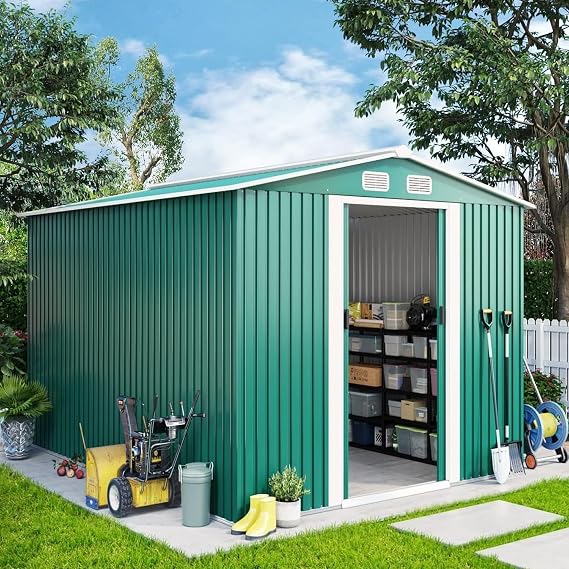 4ever2buy 8x10 Steel Shed, Outdoor Storage, White, UV Resistant, Modern Style, Sliding Doors, Green