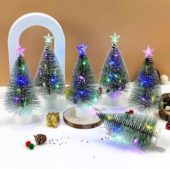 YIJXPOIN 4 Pcs Mini Christmas Tree with Lights, 7 Inch Multi-Color Artificial Tabletop Small Tiny Pine Christmas Tree, Bottle Brush Xmas Trees for Indoor Table Top Christmas Decorations