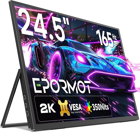 Portable Monitor 24.5 165HZ, 2K Portable Gaming Monitor with FreeSync, HDR, 180Adjustable Stand & VESA, 350Nits QHD IPS Large Travel Gaming Second Screen for Laptop, Game Console