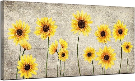 KLVOS Sunflower Canvas Prints Picture Yellow Bloosom Sunflower Floral Painting Artwork for Home Living Room Bedroom Wall Decor Framed and Stretched Modern Home Decoration Ready to Hang 24"x48"