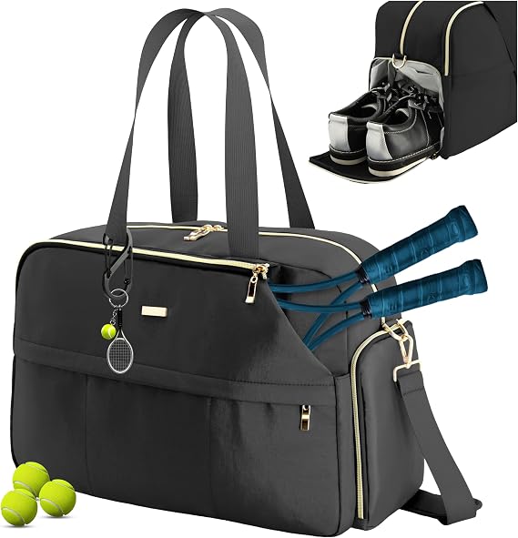 Tennis Bag for Women with Shoe Compartment, Large Tennis Racket Bag Fits 2 Racquets, Pickleball Gym Sports Tote with Shoulder Strap & Water Bottle Pocket
