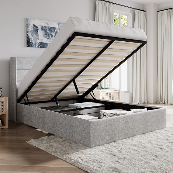 SHA CERLIN Full Size Lift Up Hydraulic Storage Bed Frame Light Grey