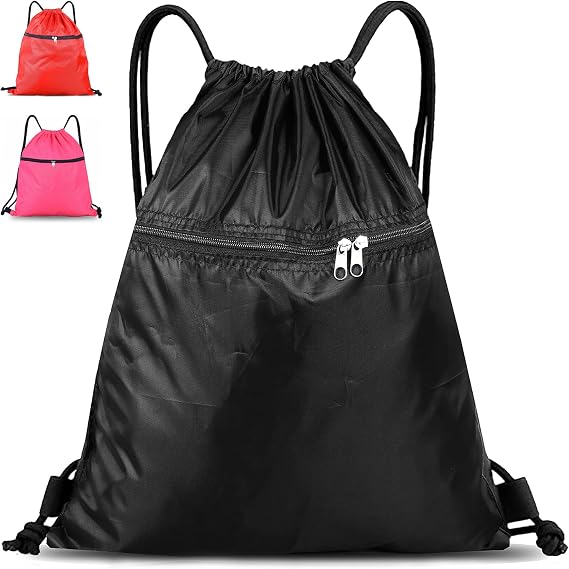 SAWANS Drawstring Bag String Gym Sack Drawstring Sports Bag Swim Men Women Sack Outside Pocket Zipper PE Backpack Beach School Holidays Swimming Travel Boy Girl Waterproof (Black)