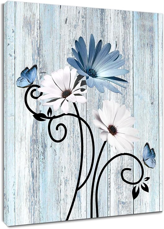 HVEST Blue Floral Canvas Wall Art Blue and White Daisy Butterfly Bathroom Pictures Wall Decor, Rustic Farmhouse Botanical Wall Art for Living Room Bedroom Home Office Decor, 12L x 16W Inches