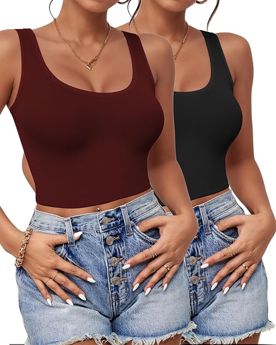 2-3Pcs Tank Tops for Women, U Neck Sleeveless Crop Tops, Basic Cropped Racerback Going Out Tops Athletic Sports Shirts