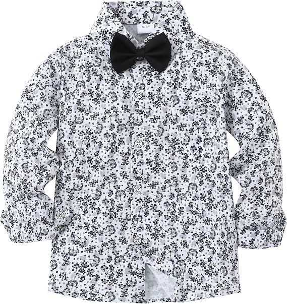 YALLET Boys Long Sleeve Shirts Button Down Print Dress Wedding Outfits Formal Casual Clothes with Bow Tie 5-10Y
