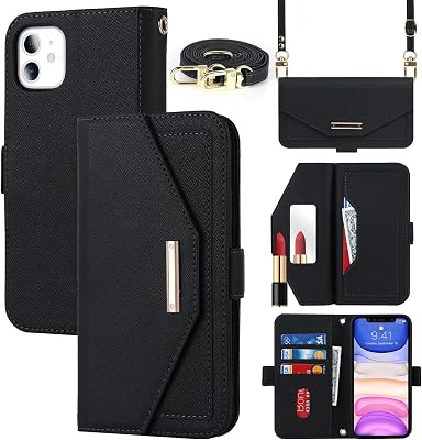 Jaorty Crossbody Wallet for iPhone 11 Case with Adjustable Lanyard Strap Credit Card Holder 6.1,PU Leather Handbag Purse Kickstand Make Up Mirror Cover Case for Men Women Girl,Black