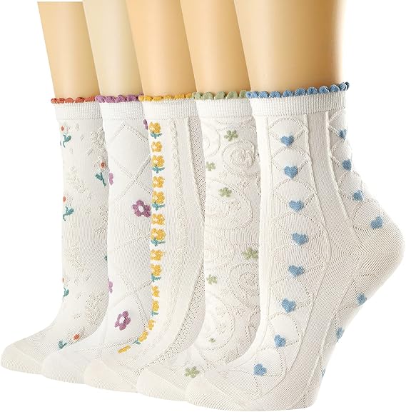 Women's Ruffle Socks, Cute Novelty Socks Cotton Crew Socks 5 Pairs | Cute Flower Pattern and Color, Fashion Casual Style, Soft Thin Cotton, Breathable socks for Women Girl, Size 5-9/9-11