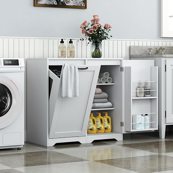 Laundry Cabinet with Doors, Tilt-Out Hamper & Adjustable Shelf - 31.5" W Freestanding Storage Organizer, 2-Section for Darks/Lights, White Melamine Finish