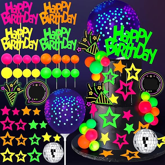 40 PCS Glow Cake Topper Set with Disco Ball Balloon Cakes Ball Star Happy Birthday Toppers in 4 Colors Party Decorations for Neon Cakes Black Light Party Supplies