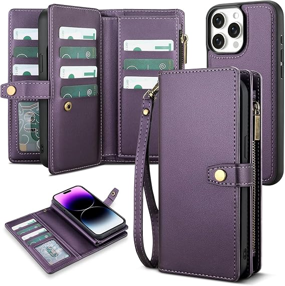 TwoHead for iPhone 14 Pro Max Wallet Case with 11 Card Holders,Deep Purple