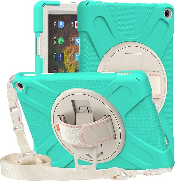 Case for Amazon Kindle Fire HD 10 2021 & Amazon Kindle Fire HD 10 Plus 2021, Protective Rugged Kids Case with Shoulder Strap, Hand Strap, 306 Rotating Kickstand