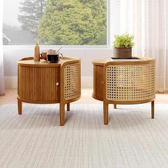 POVISON Rattan End Table Set of 2 - Night Stand with Roller Door & Woven Rattan - Boho Bedside Table End Table Accent Table Nightstand for Bedroom,Walunt