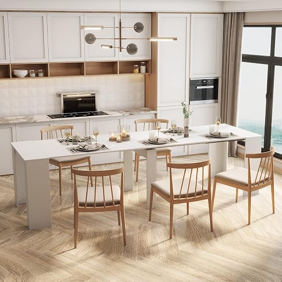20"-118" Extendable Dining Room Table for 2-12 People, White | Transformer Console Table, Space Saving Folding Dining Table, Modern Modular Multifunctional Extension Table