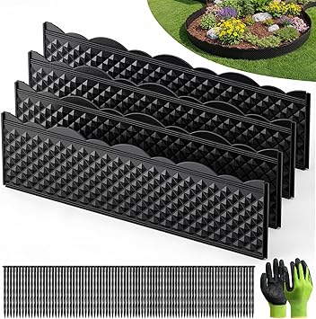 Grenebo 4.72"33.2 Landscape Edging Kit, Garden Edging Border with 75 Pcs Stakes & Gloves, No Dig Decorative Garden Edge Panels Flexible for Yard, Flower Bed, Landscaping & Lawn Edging 23 PCS