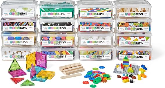 hand2mind STEM Bins Comprehensive Set by Brooke Brown, STEM Bins for Classroom, STEM Manipulatives for Elementary, STEM Activities, Kids Engineering Building Kits, Science Teacher Supplies (Set of 16)