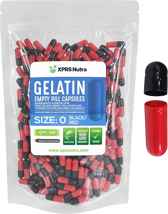 XPRS Nutra Size 0 Empty Capsules - 500 Count Empty Gelatin Capsules - Pills DIY Capsule Filling - Pure Bovine Pill Gel Caps for Do-It-Yourself Supplements (Black/Red)