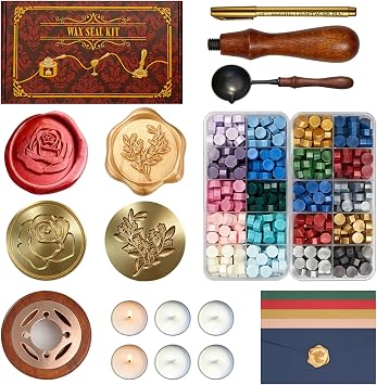 SHOWPIN Wax Seal Kit for Beginners: 400 Wax Beads in 20 Colors, 2 Stamp Heads & Premium Envelopes in Gift Box for Holiday Gifting & DIY Letter Sealing