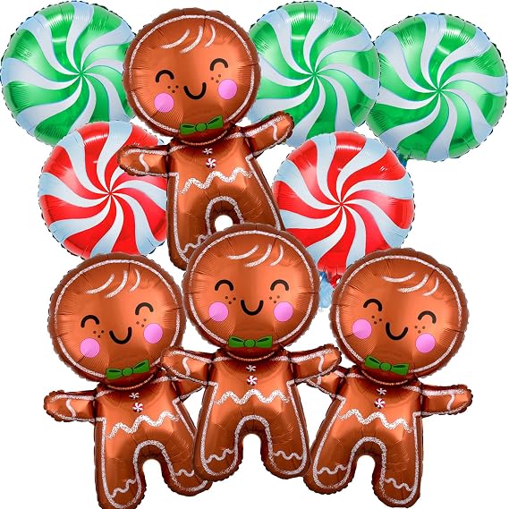 Christmas Foil Balloons Set - Brown Gingerbread Man & Red Green Xmas Round Candy Mylar Balloons Kit for Kids Holiday Xmas New Year Birthday Party Decor