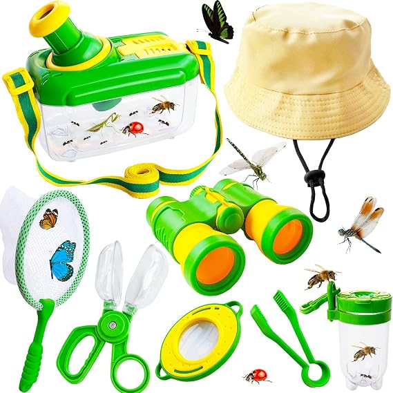 Bug Catcher Kit for Kids,8 Pcs Kids Bug Habitat with Bug Collector Butterfly Net Magnifying Glass Binoculars Tweezer Hats,Outdoor Explorer Kit for Boys Girls 3-12 Years Old