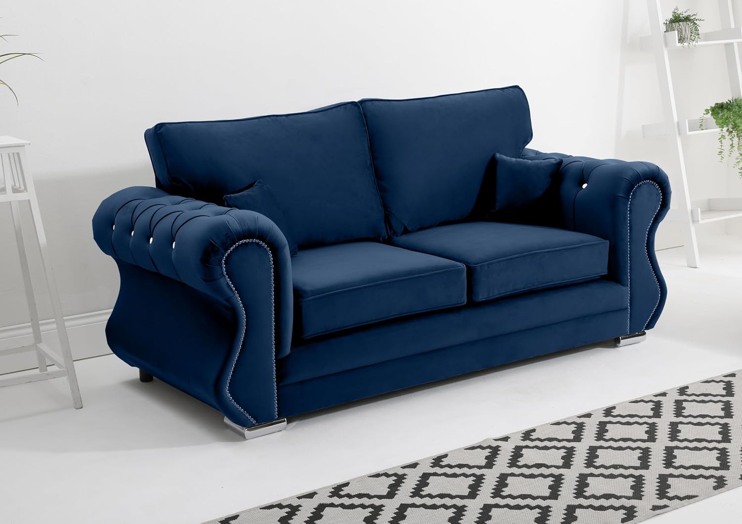 Sofahub Falcon Blue Plush Velvet Sofa – Diamond Studded Arms – Foam Seat Cushions – Button Tufted Detailing – 2 Seater, 3 Seater, 3+2 Set, Armchair & Corner Sofa Options (Blue, 3 Seater)