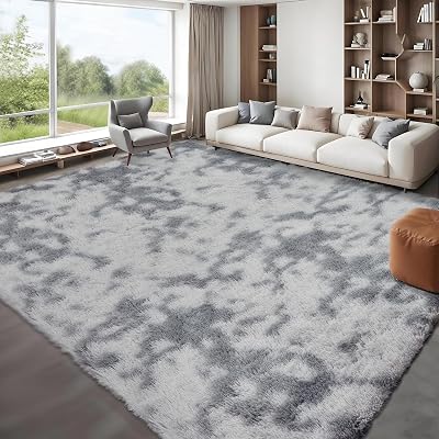 GarveeHome 9x12 Fluffy Area Rug- Shag Area Rug for Living Room, Shaggy Large Indoor Thick Living Room Carpet with Non-Slip Backing, Soft Plush Carpet for Bedroom, 9x12, Tie-dye Light Grey