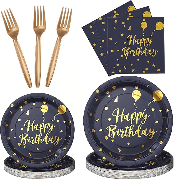Bourns 100PCS Birthday Decorations Plate Set,Happy Birthday Plates and Napkins Party Supplies, Gold Accent Design Serve 25 Guests(Blue)