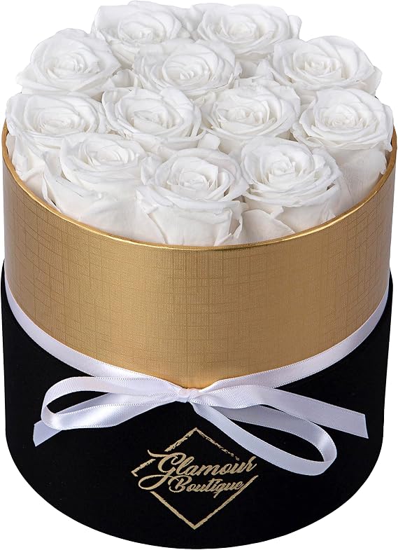 GLAMOUR BOUTIQUE Eternal Preserved Roses in a Box, Flowers Forever, Rose Forever in a Box for Wife or Her, Lasting Real Flower Gift, Elegant Luxury Floral Home Decor, 12 Roses, White (Color-Treated)