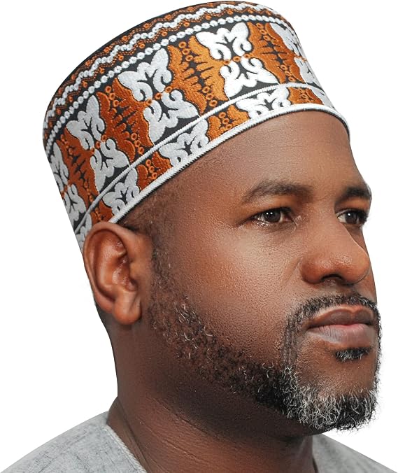Omani African Kenya Style Kufi HAT Rust-Brown White 4-inch Embroidered Butterfly Motif Accents Islamic DRIP Prayer Cap Topi