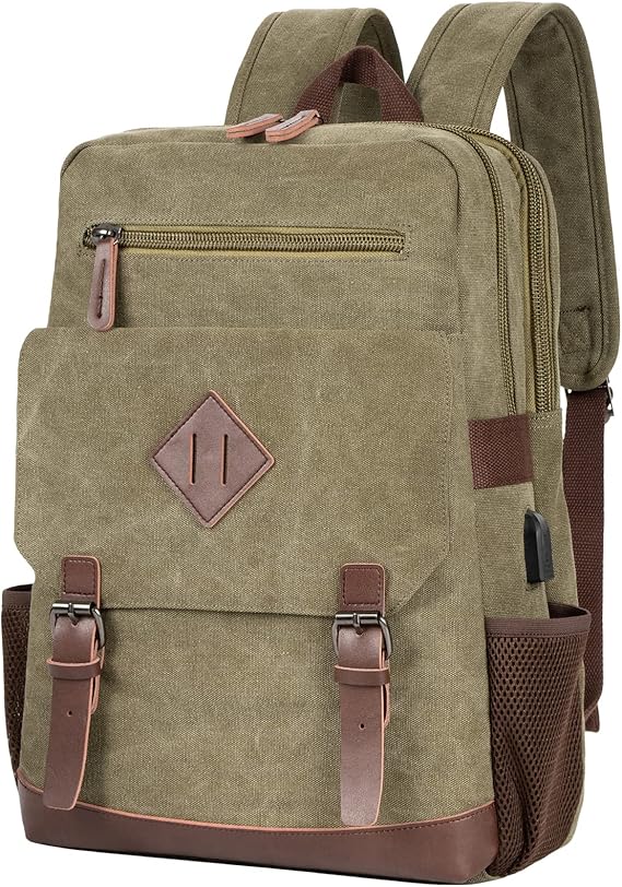 Vintage Canvas Backpack with USB Charging Port, Bag Fits 15.6 Inch Laptop