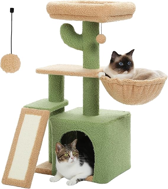 PAWZ Road Cactus Cat Tree With Scratching Pad and Hammock Cat Tower With Condo, Small Cat Tower Comfy Basket For Indoor Cats, 80cm Green