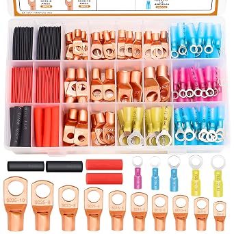 mankk 180PCS Copper Wire Lugs AWG 2 4 6 8 10 12 14 16 Gauge Battery Terminal Connectors Battery Cable Ends Connectors Copper Ring Terminal Kit with Heat Shrink