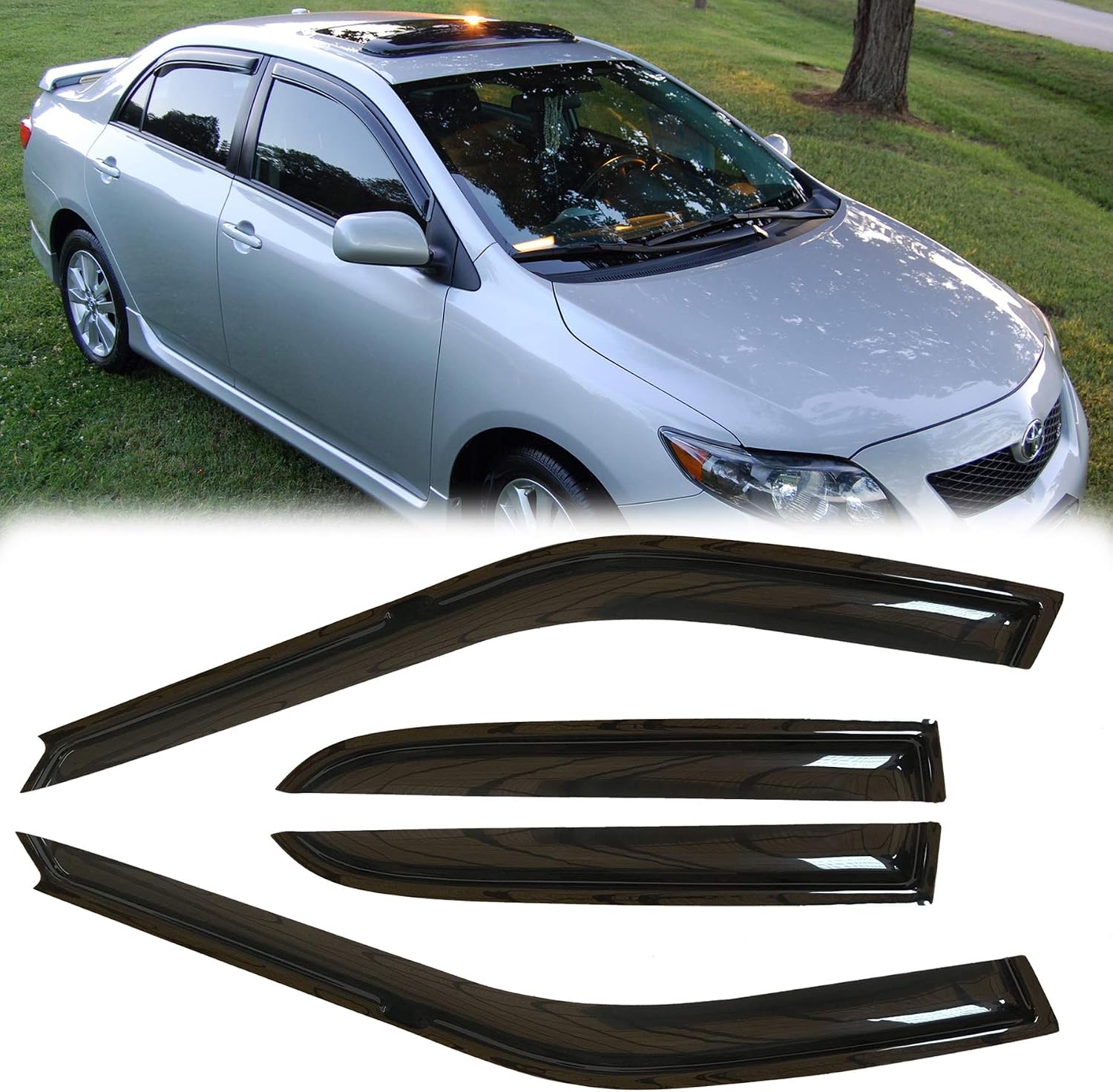 94620 Side Window Wind Deflector, 4pcs Out-Channel Tape-On Nice Rain Guards Set, Dark Smoke Window Visor fit for 2003-2008 Toyota Corolla