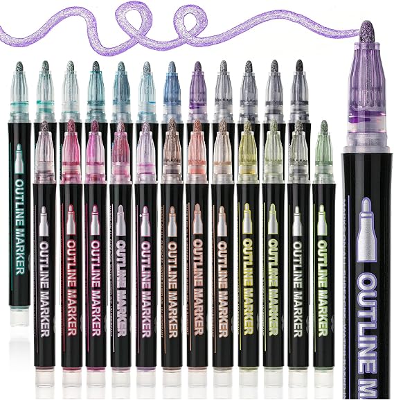 Mr. Pen- Double Line Outline Markers, 24 Pack, Metallic Colors