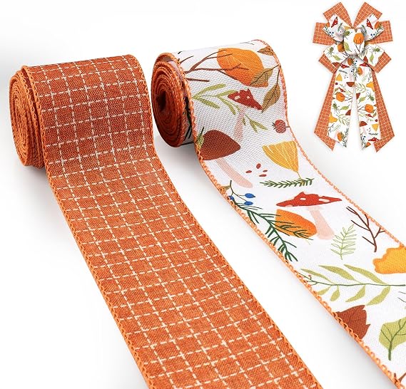 2.5" Fall Burlap Fabric Ribbon for Wreath Bows Orange Plaid Autumn Leaf Wired Edge Ribbon for Crafts DIY 5 Yard Fall Ribbon for Thanksgiving Decorations Seasonal Gift Wrapping