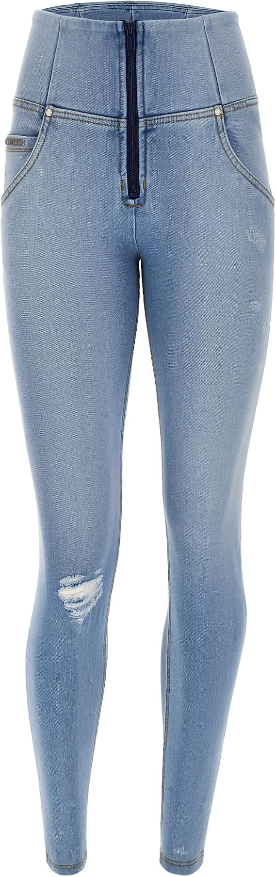 FREDDY WR.UP SNUG Distressed Jeans - High Waisted - Full Length - Light Blue + Yellow Stitching