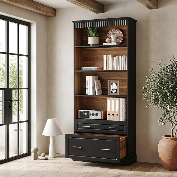 LITTLE TREE 72" Tall Black Bookcase with 2 Drawers, 5-Tier Bookshelf with File Cabinet Storage, Modern Freestanding Office Storage Bookcase for Living Room, Bedroom, Home Office
