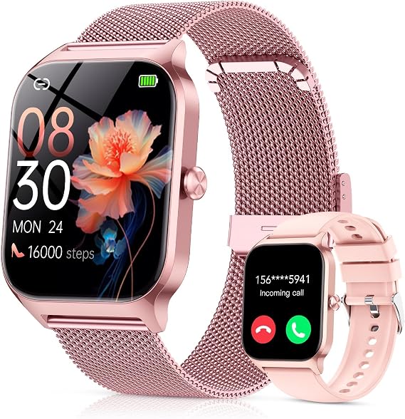 CASCHO Smart Watch for Women (2 Bands), Bluetooth Call Smartwatch with AI Voice,1.85" HD Fitness Watch,Heart Rate/SpO2/Steps/Sleep Monitor,120+ Sports Modes,IP68 Waterproof Watch for Android iOS-Rose