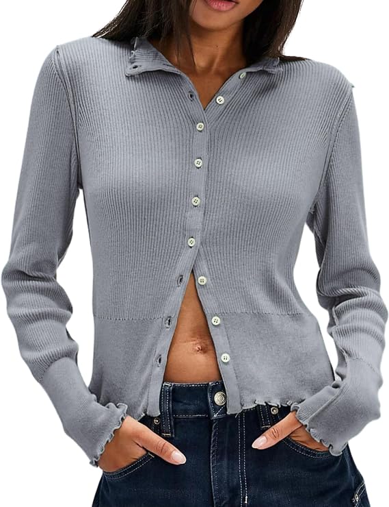 InterNos Womens Slim Fit Cardigan Sweater Ruffle Collar Button Down Cardigans Sexy Solid Open Front Knit Top