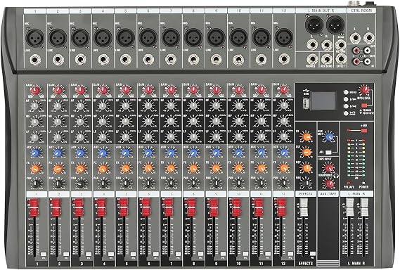 12-Channel Audio Mixer USB Sound Board Console with Bluetooth 48V Phantom Power, and Three-Band Equalizer for DJ, Studio Recording, Live Streaming, Karaoke, Music Effects (12-channel)