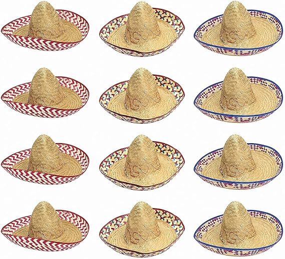 Fun Express Mexican Sombrero Hats 12 Pack - Authentic Straw Sombreros for Cinco de Mayo Fiesta Party Decorations | Adult Size Mariachi Style with Embroidered Details & Chin Cord Brown