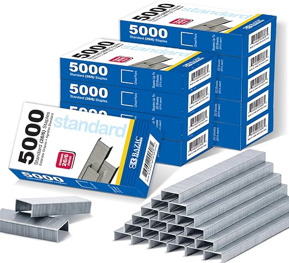BAZIC Products Standard Staples, 26/6, Silver, 5000 Ct, 24-Box | refills most standard staplers many times