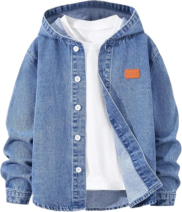 MakeMeChic Boy's Hooded Denim Jacket Single Breasted Jean Coats Outerwear