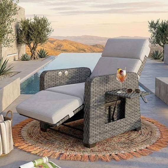 Outdoor Recliner Chair with Independent Dual-Control 150 Lay-Flat Wicker Patio Armchair with Air Pump, Flip-Up Side Table, Extended Footrest & 5" Thick Fade-Resistant Olefin Cushions